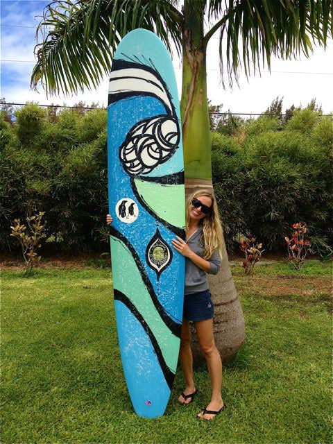 Heather Brown with her new, limited edition 8'11" single fin "Sea Siren Surfboard."