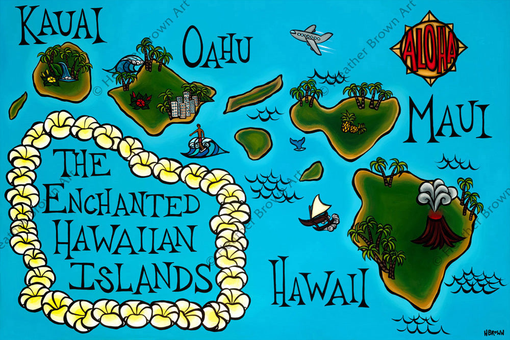 Heather Brown has painted each island of Hawaii in this colorful, whimsical map