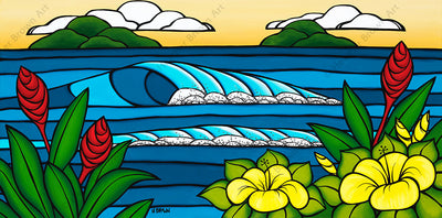 Hawaiian Island Paradise - Painting of rolling waves framed by beautiful tropical flowers by Hawaii artist Heather Brown
