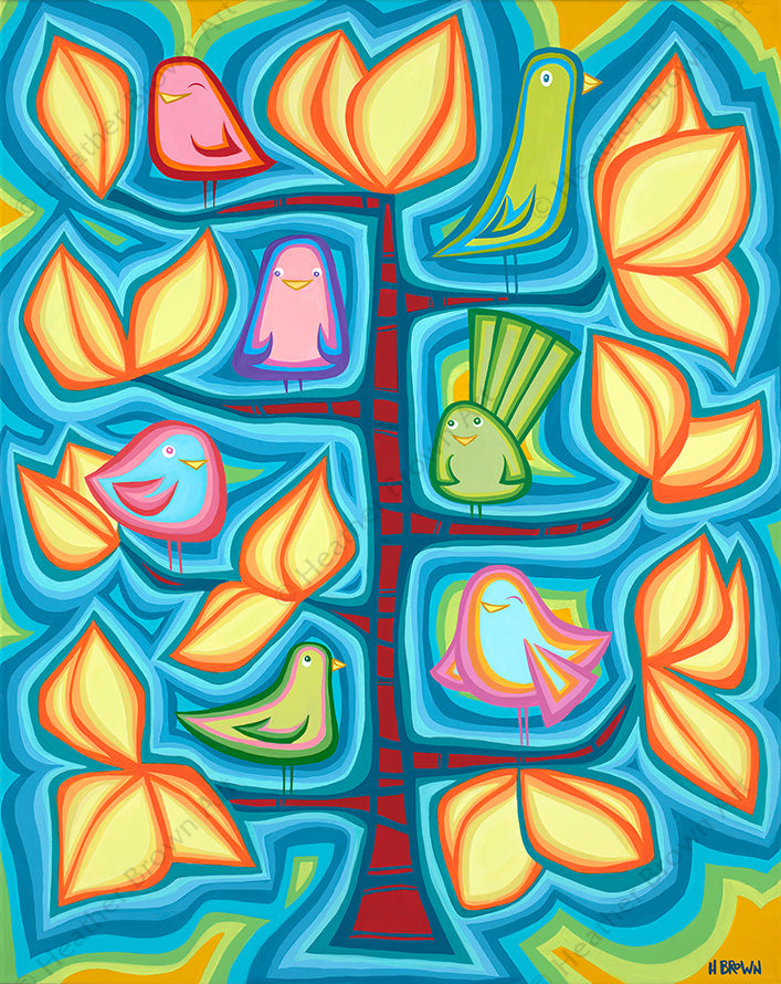 The Good Vibe Tree - Painting of friendly birds hanging out together in a colorful tree by tropical artist Heather Brown