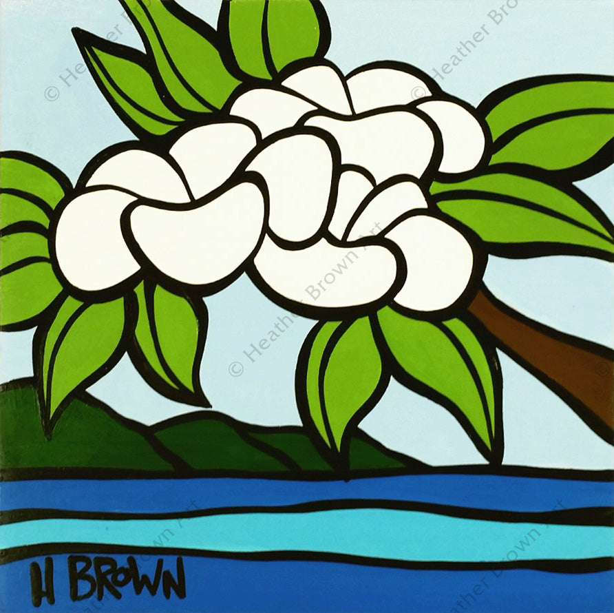Heather Brown- Untitled #2337 features three plumeria flowers and ocean background