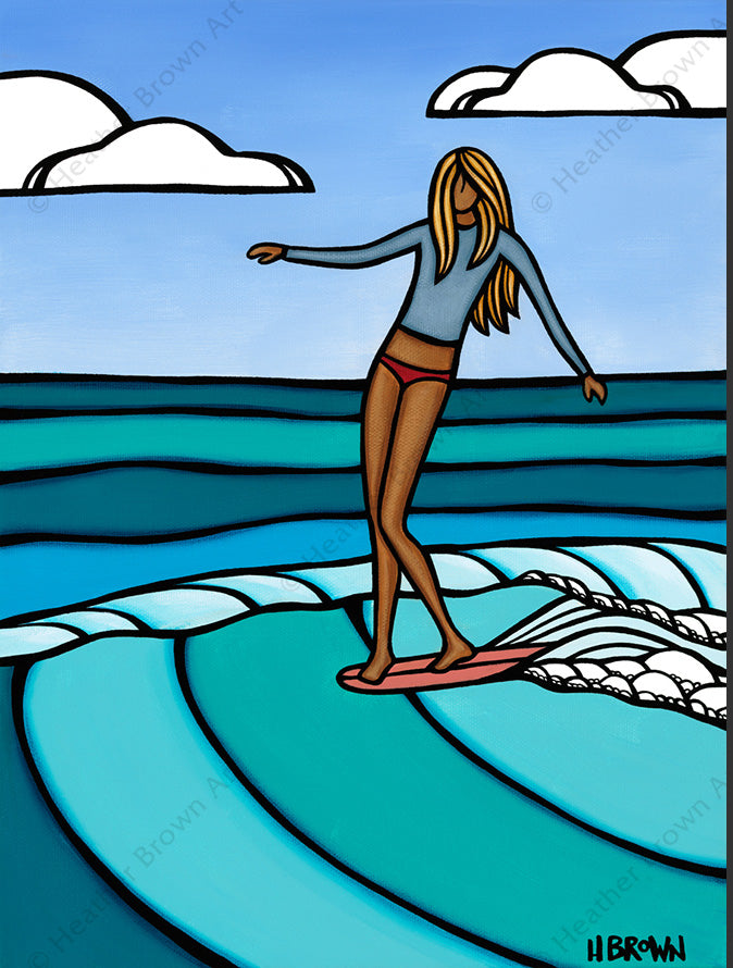 Summer Surf Girl - Matted Print of a surfer girl catching the perfect summer wave by tropical artist Heather Brown