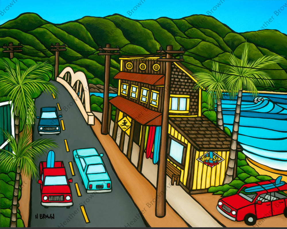 "Surf N Sea" - Matted Print by Heather Brown featuring a classic view of the famous North Shore store.