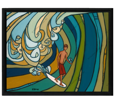 Classic Black Frame - Framed Giclee of a surfer inside the barrel of a double overhead wave by Heather Brown