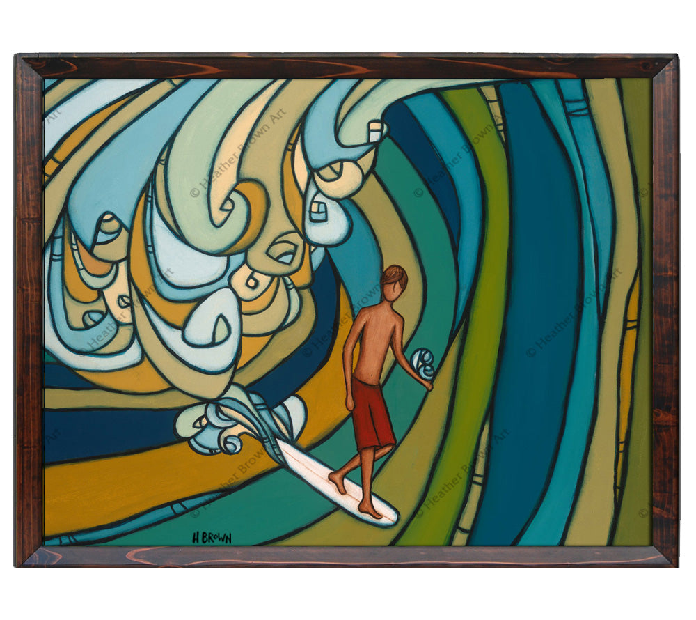 Dark Walnut Frame - Framed Giclee of a surfer inside the barrel of a double overhead wave by Heather Brown
