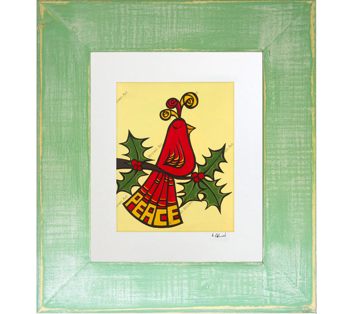 Peace Bird - Matted Print on Paper with Classic Green, Reclaimed Wood Frame by Hawaii surf artist Heather Brown