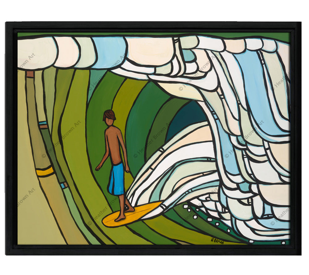 Classic Black Frame - Painting of surfer boy in the barrel of a wave by Heather Brown