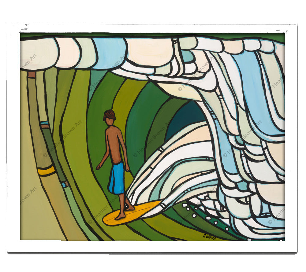 Classic White Frame - Green Room - Wave art by Heather Brown of a surfer in his wave.