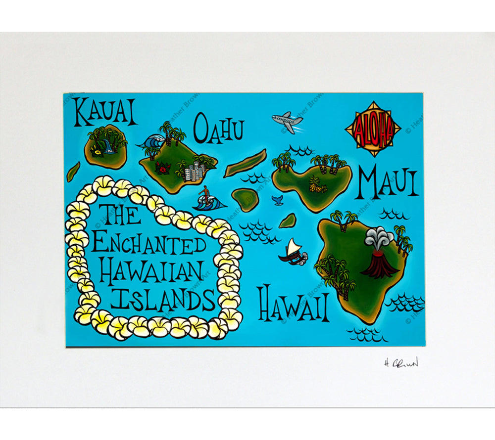 Matted print of Hawaii Map by surf artist Heather Brown