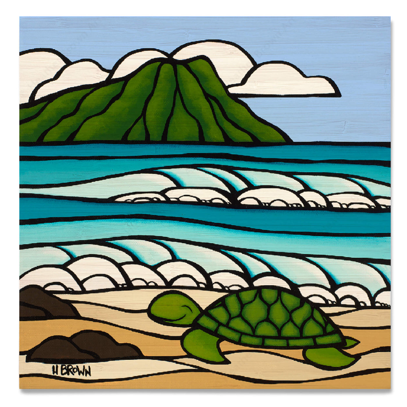 A bamboo art print featuring a smiling turtle with some rolling waves and the famous Diamond Head by Hawaii surf artist Heather brown