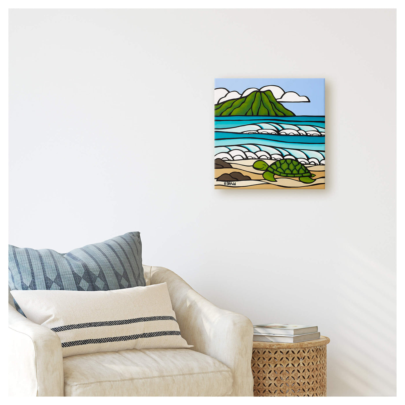 A canvas giclée print featuring a smiling turtle with some rolling waves and the famous Diamond Head by Hawaii surf artist Heather brown