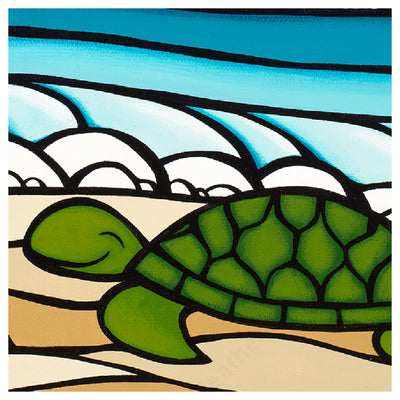 Close up details of artwork Honu Smile by Hawaii surf artist Heather Brown