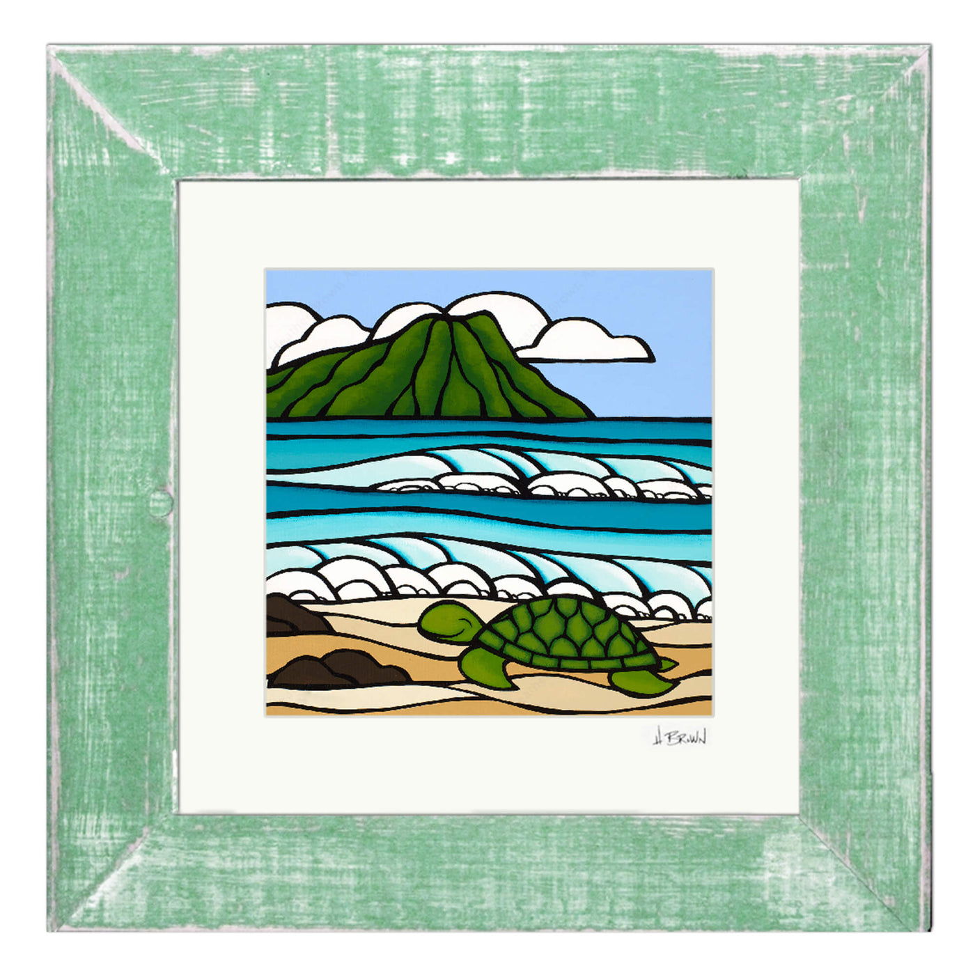 A matted art print in classic green frame featuring a smiling turtle with some rolling waves and the famous Diamond Head by Hawaii surf artist Heather brown