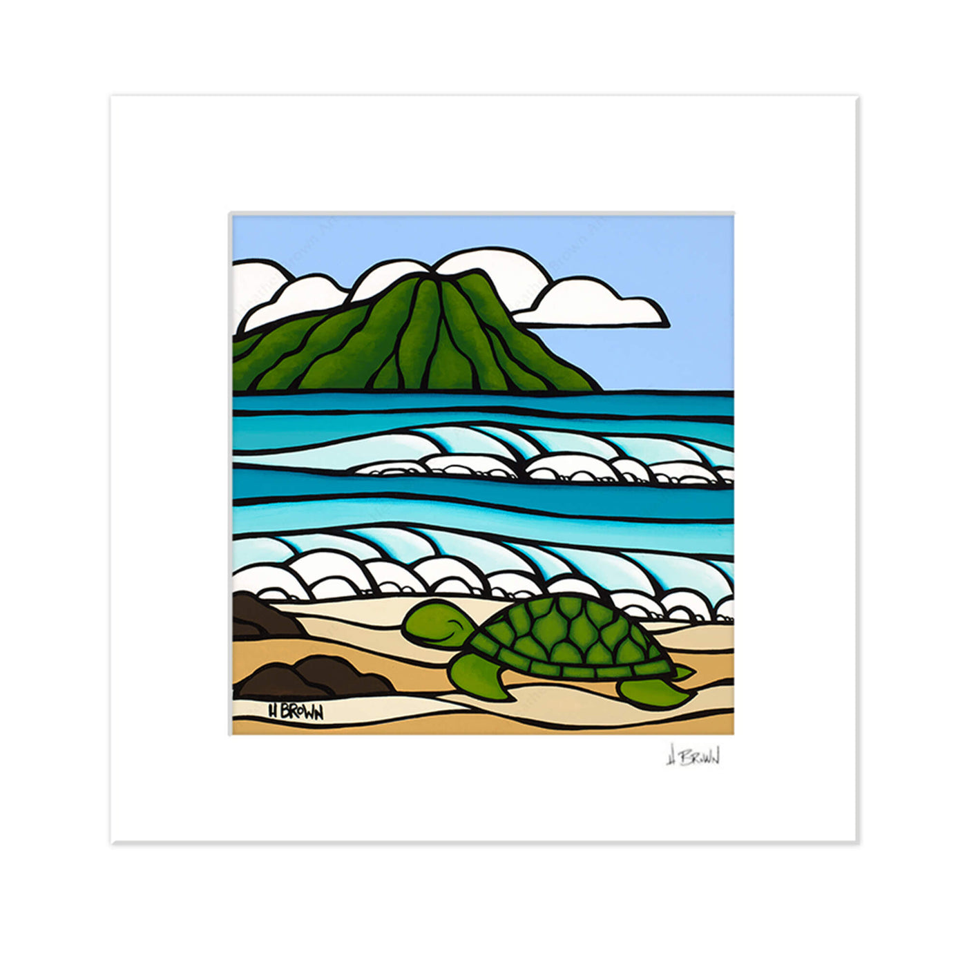 Unframed matted art print featuring a smiling turtle with some rolling waves and the famous Diamond Head by Hawaii surf artist Heather brown
