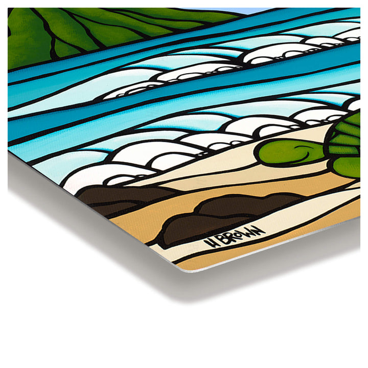 Metal art print edge detail of artwork Honu Smile by Hawaii surf artist Heather Brown