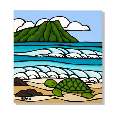 A metal art print featuring a smiling turtle with some rolling waves and the famous Diamond Head by Hawaii surf artist Heather brown