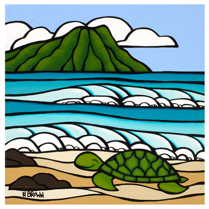 A canvas giclée print featuring a smiling turtle with some rolling waves and the famous Diamond Head by Hawaii surf artist Heather brown