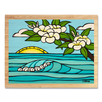 Bordered bamboo print of a sunrise with rolling waves and plumeria flowers by Hawaii surf artist Heather Brown
