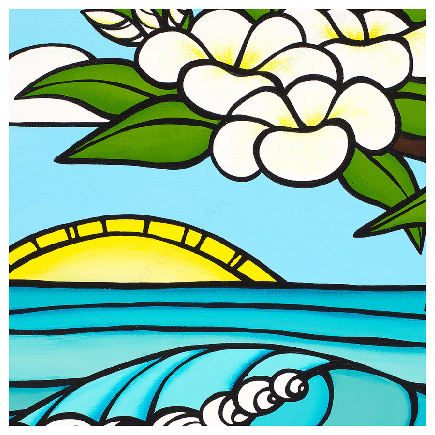 Close up details of artwork Plumeria Sunrise by Hawaii surf artist Heather Brown