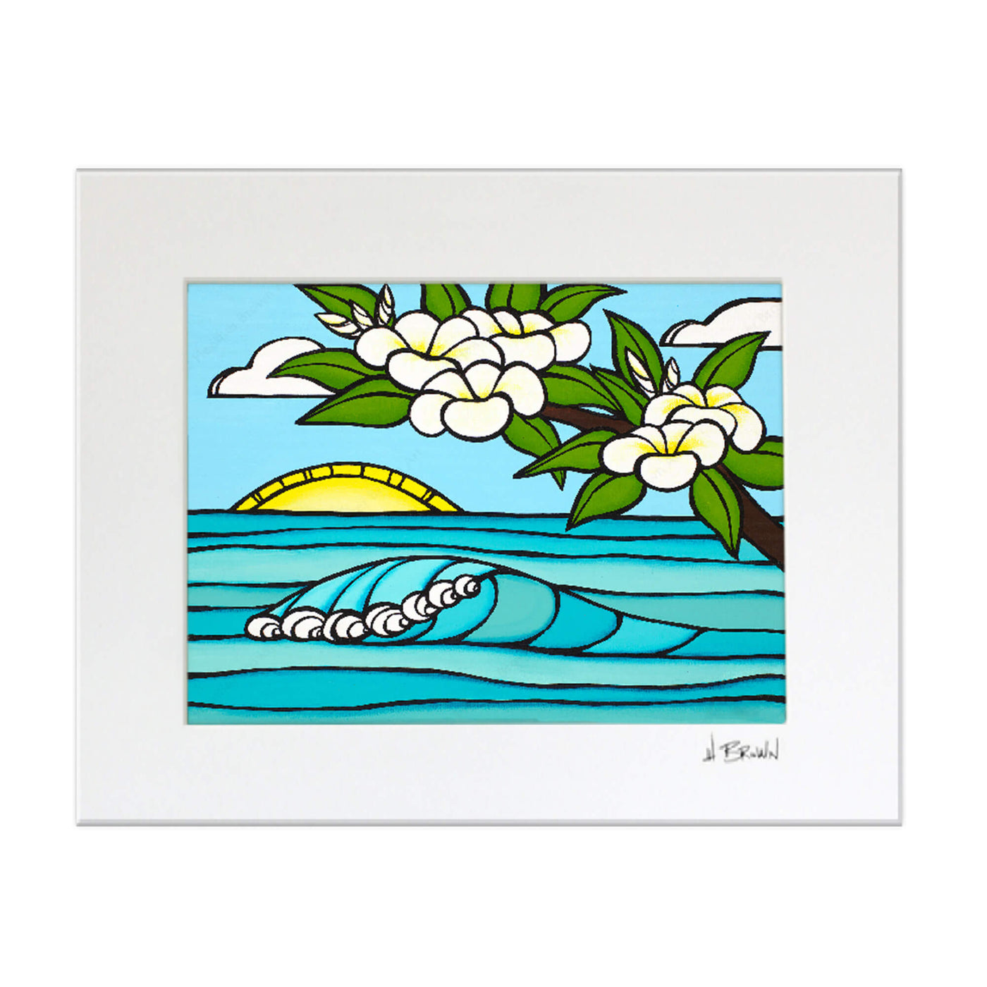 Unframed matted art print of a sunrise with rolling waves and plumeria flowers by Hawaii surf artist Heather Brown
