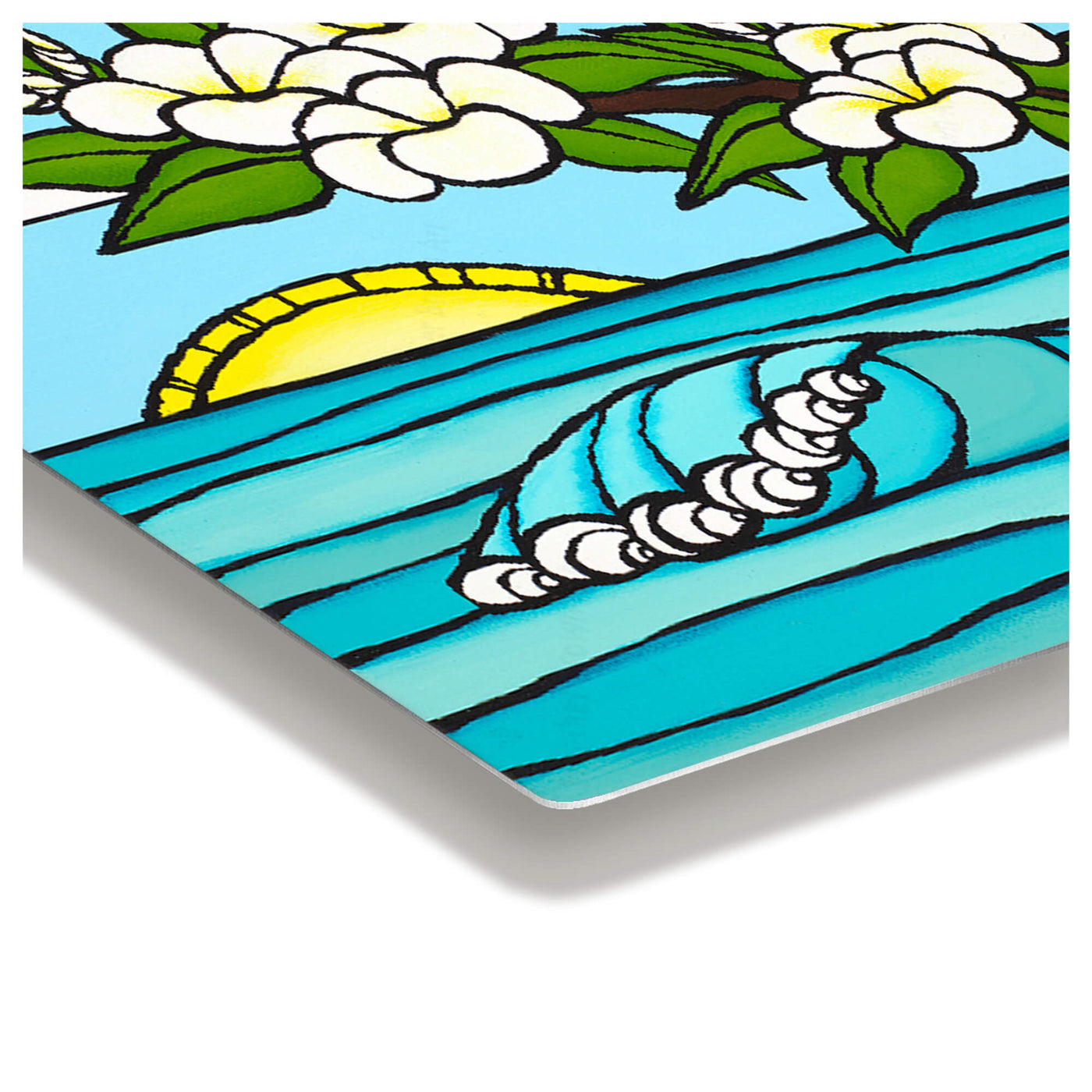 Metal art print edge details of a sunrise with rolling waves and plumeria flowers by Hawaii surf artist Heather Brown