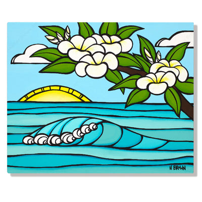 A metal art print of a sunrise with rolling waves and plumeria flowers by Hawaii surf artist Heather Brown