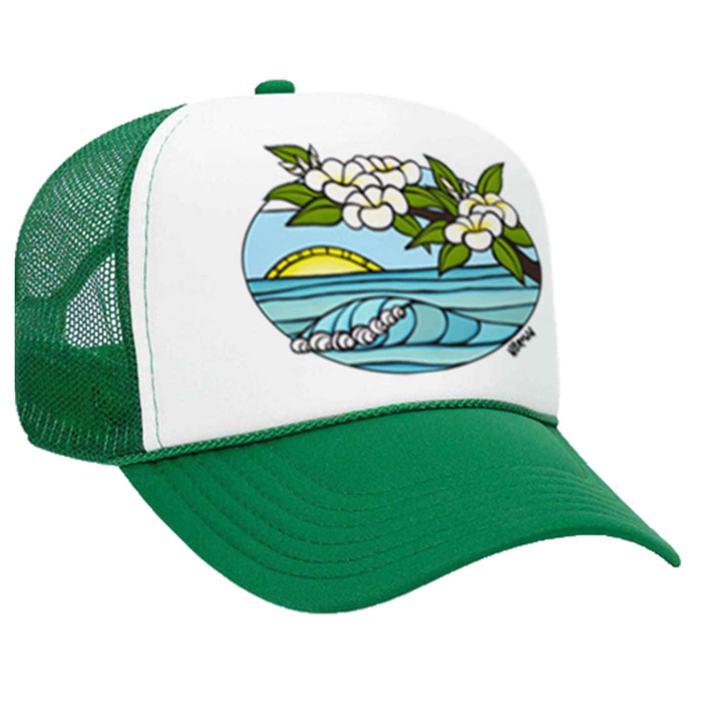 A green trucker hat featuring a sunrise with rolling waves and plumeria flowers by Hawaii surf artist Heather Brown