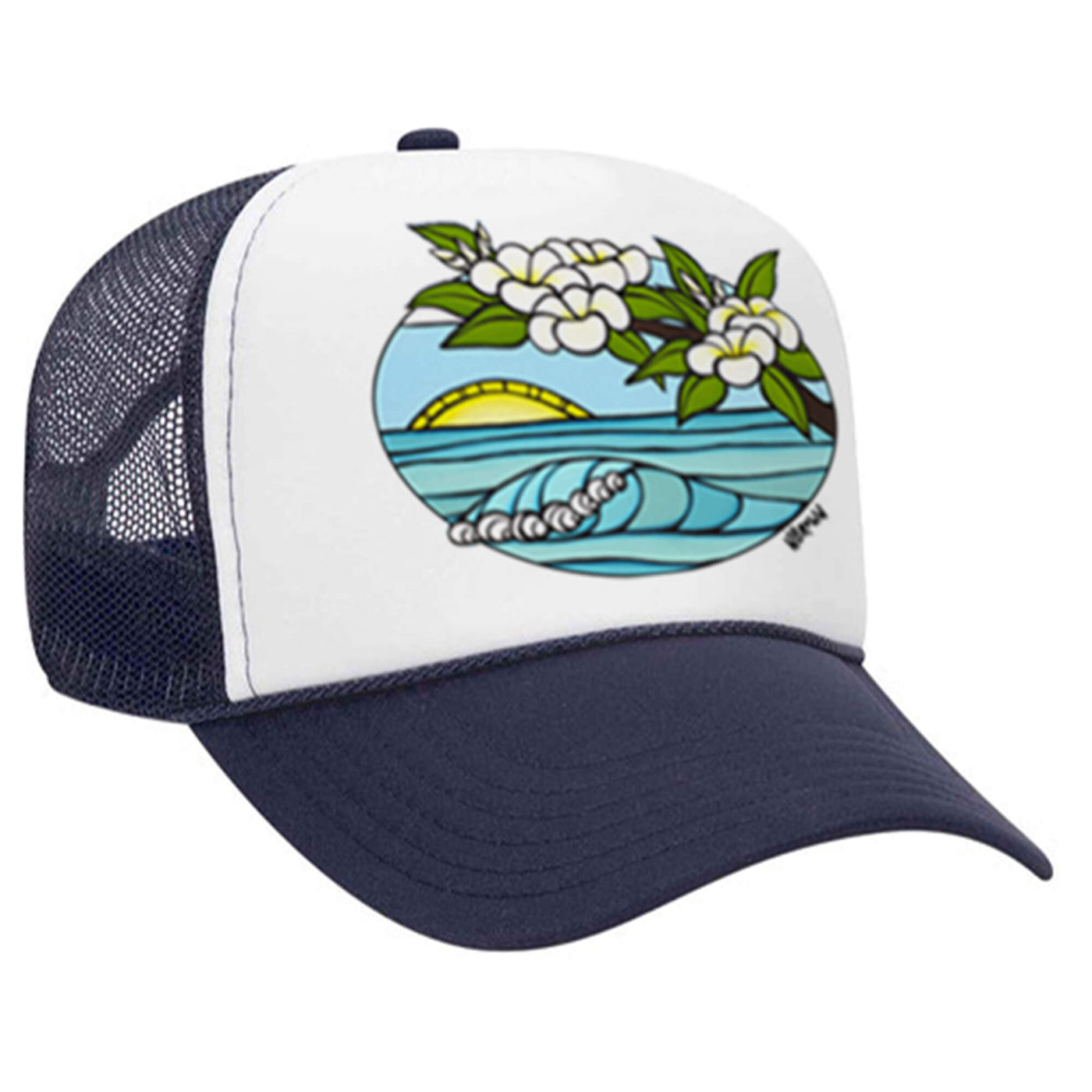 A navy trucker hat featuring a sunrise with rolling waves and plumeria flowers by Hawaii surf artist Heather Brown
