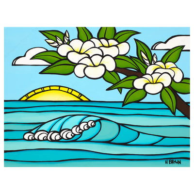 A canvas giclée print of a sunrise with rolling waves and plumeria flowers by Hawaii surf artist Heather Brown