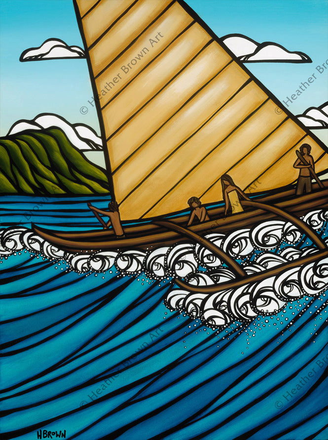 John Kelly Awards poster of an ancient Hawaiian canoe voyage by surf artist Heather Brown