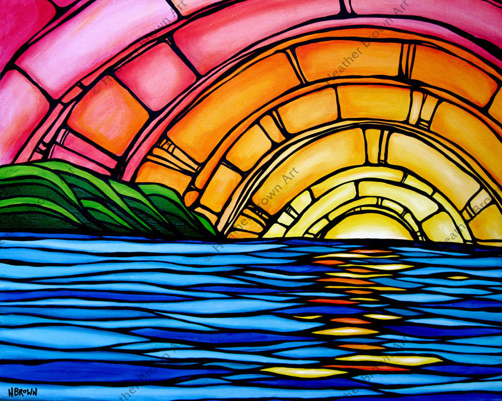 A vibrant and colorful depiction of a Hawaii sunset by surf artist Heather Brown