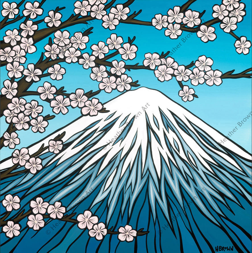 "This painting is a depiction of Mt. Fuji in the spring time. When there is snow still on the mountain and the cherry blossoms are in full bloom." - Heather Brown