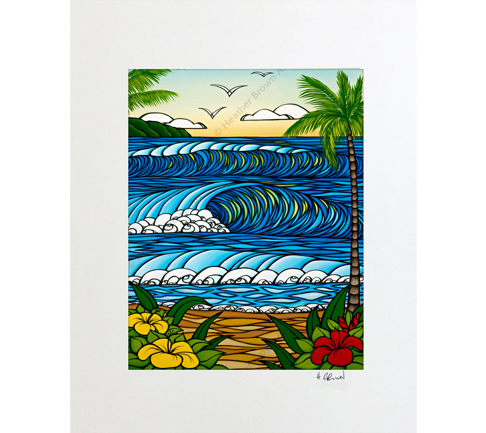A Day in Paradise - Matted Print by Heather Brown with Waves and Flowers