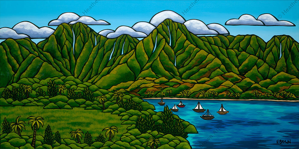 Sailboats at Hanalei- Giclée print on canvas of a peaceful Hawaiian view by Oahu surf artist Heather Brown