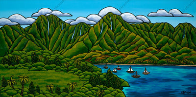 Sailboats at Hanalei- Giclée print on canvas of a peaceful Hawaiian view by Oahu surf artist Heather Brown