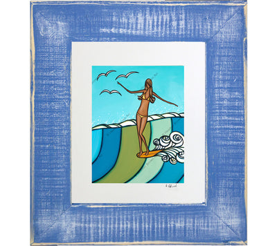 Sea Siren - Matted Print on Paper with Classic Blue, Reclaimed Wood Frame by Hawaii surf artist Heather Brown