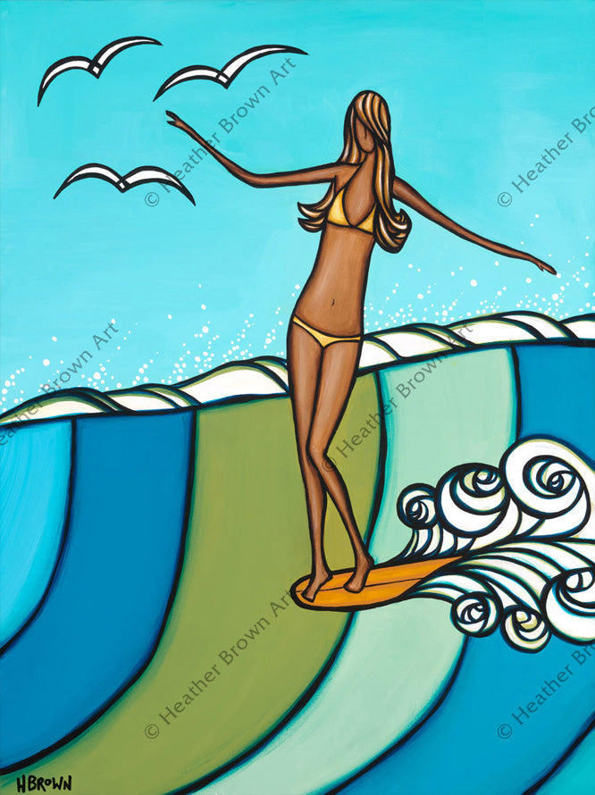 Sea Siren "Surfer girl hanging 10 on a colorful wave by Hawaii surf artist Heather Brown
