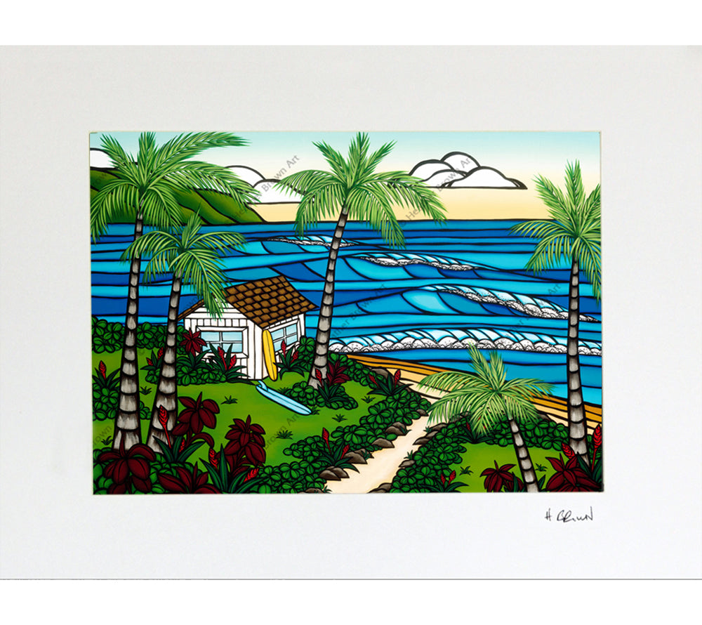 Matted print of Hawai'i Hale by surf artist Heather Brown