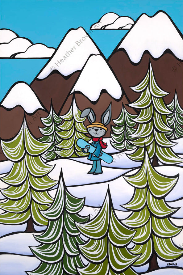 Snow Bunny - Bunny snowboarding down the snowcapped Rocky Mountains by Heather Brown