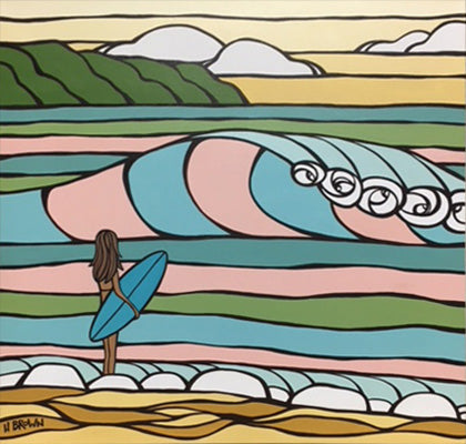 Spring Sessions - Matted print of a surfer girl about to paddle out to catch an epic wave by Heather Brown