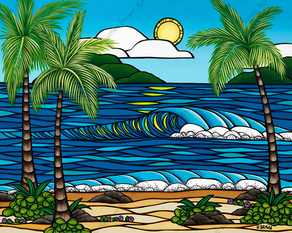 Summer Sun - Painting by Heather Brown featuring rolling waves crashing towards a bright sunny beach on a summer's day in Hawaii.