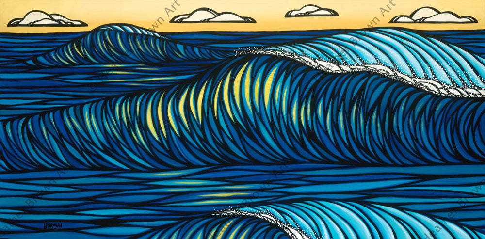 Sunset at Sunset - Painting of the sun sinking below the horizon, illuminating the rolling waves at popular North Shore surf spot, Sunset Beach by tropical artist Heather Brown