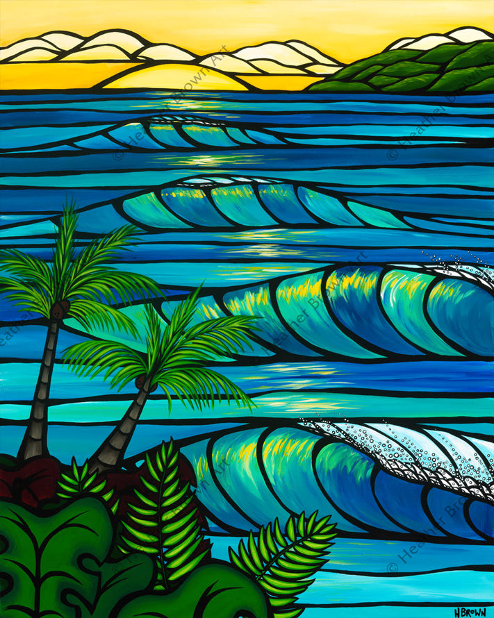 Sunset Swell - The setting sun glowing through the breaking waves of at Sunset Beach on the North Shore of Oahu Hawaii by Hawaii surf artist Heather Brown