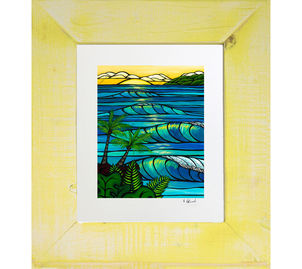 Sunset Swell - Matted Print on Paper with Classic Yellow, Reclaimed Wood Frame by Hawaii surf artist Heather Brown