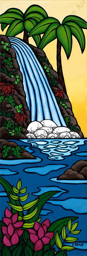 Sunset Waterfall - Matted Print featuring a serene waterfall seen at sunset in a tropical oasis.