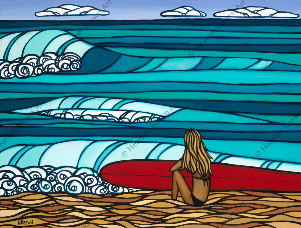 Heather Brown's tropical painting "Surf Girl" features a surf girl enjoying a perfect day in a tropical paradise.