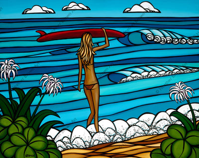 Surf Stroll - Surfer girl and her surfboard after walking the Hawaii coastline by Hawaii surf artist Heather Brown