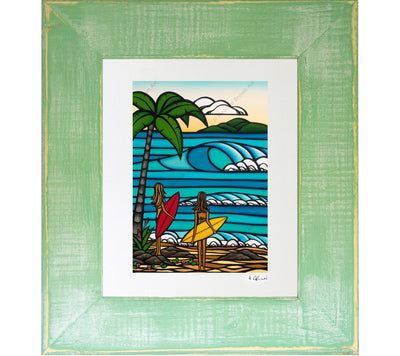 Framed surf painting of two surfer girls by Heather Brown Art