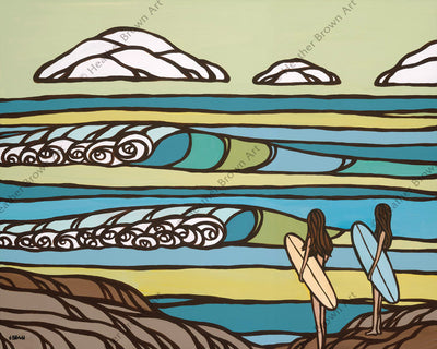 South Point - Surf painting of two young surfer girls about to hit the water on the south point of Oahu by Heather Brown