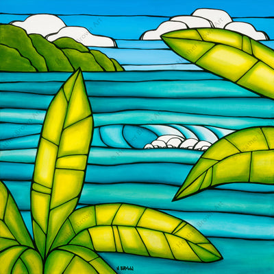 Tropical Daydream - A view of a secluded beach framed with tropical foliage by surf artist Heather Brown